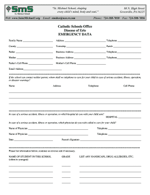 Catholic School Emergency Data Form
