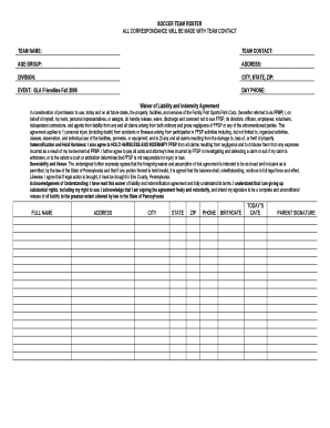 Soccer Team Roster and Waiver of Liability