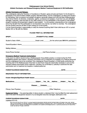 Wallenpaupack Area School District Athletic Permission and Release Form
