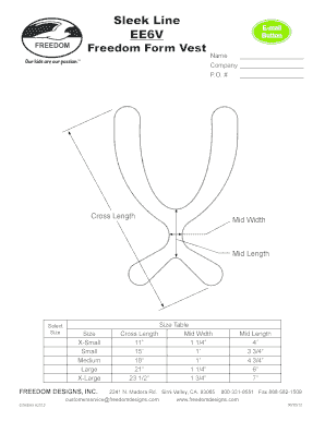 Freedom Form Vest Size Selection Form
