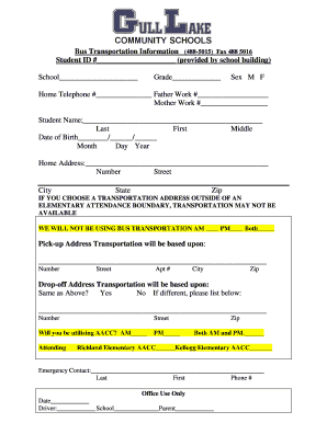 Student Bus Transportation Information Form