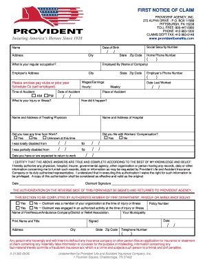 First Notice of Claim for Workers' Compensation