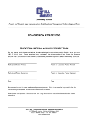 Concussion Awareness Educational Material Acknowledgment Form