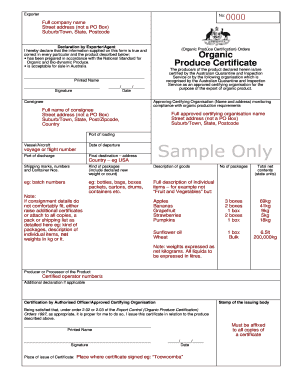 Australian Organic Produce Export Certificate