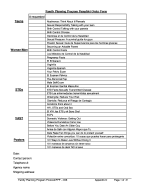 Family Planning Program Pamphlet Order Form