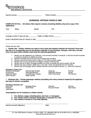 Business Artisan Vehicle Use Insurance Form