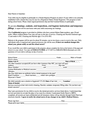 School Dental Hygiene Program Permission Slip