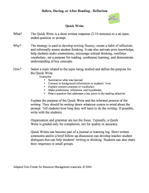 Quick Write Reflection Template