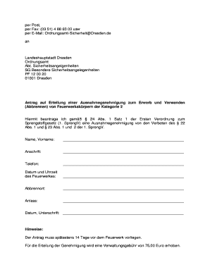 Antrag auf Erteilung einer Ausnahmegenehmigung zum Erwerb und Verwenden (Abbrennen) von Feuerwerkskörpern der Kategorie 2