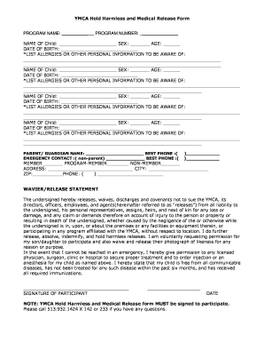 YMCA Hold Harmless and Medical Release Form