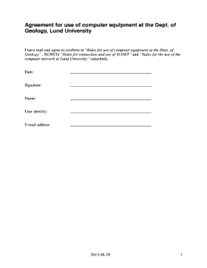 Agreement for use of computer equipment at the Dept of