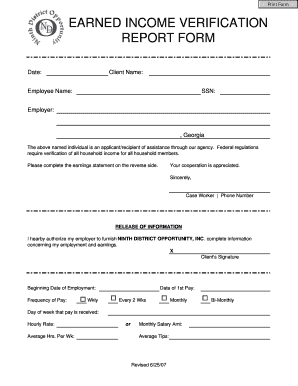 Earned Income Verification Report Form