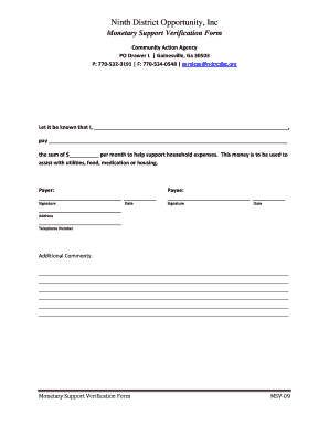 Monetary Support Verification Form