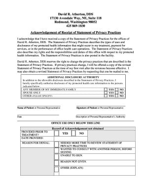 Acknowledgement of Receipt of Statement of Privacy Practices