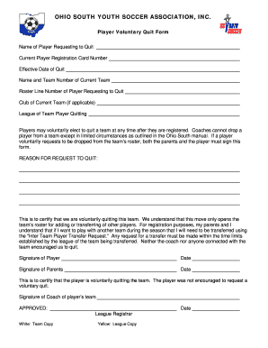Ohio South Youth Soccer Player Quit Form