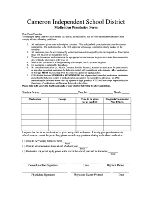 Cameron ISD Medication Permission Form