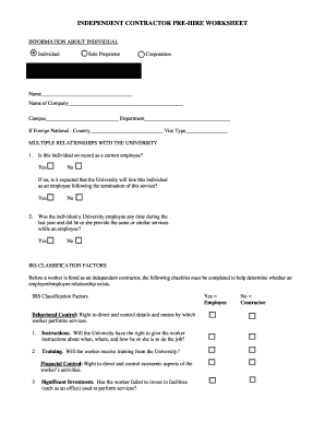 Independent Contractor Pre-Hire Worksheet