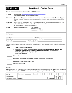 UBC Textbook Order Form