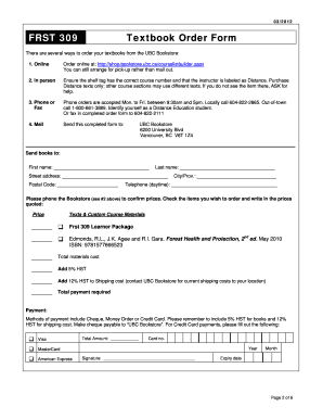 UBC Textbook Order Form