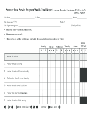 Summer Food Service Program Weekly Meal Report