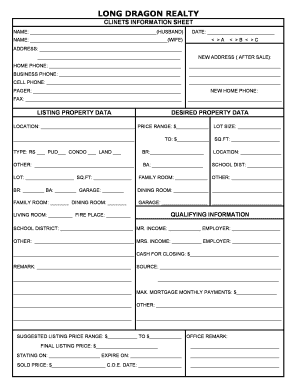 Real Estate Client Information Sheet