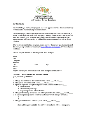 Fresh Mango Curriculum Review Form