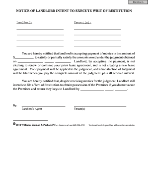 Notice of Landlord Intent to Execute Writ of Restitution