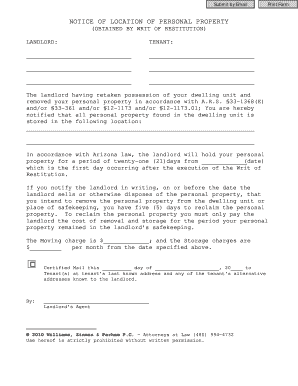 Arizona Notice of Location of Personal Property