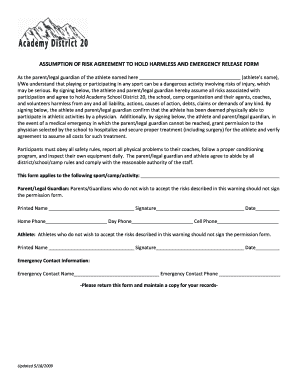 Assumption of Risk Agreement to Hold Harmless and Emergency Release Form
