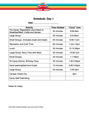 Camp Noah Day Camp Schedule Template