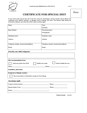 Certificate for Special Diet