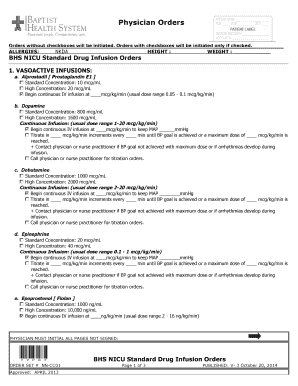 BHS NICU Standard Drug Infusion Orders
