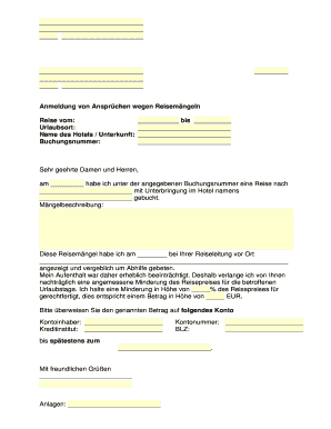 Formular zur Anmeldung von Ansprüchen wegen Reisemängeln