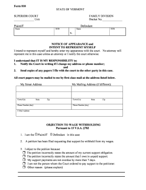 Vermont Notice of Appearance and Objection to Wage Withholding