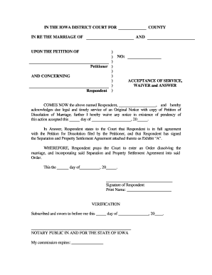 Iowa Waiver and Answer for Dissolution of Marriage