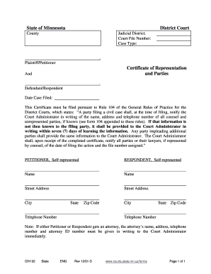 Minnesota District Court Certificate of Representation