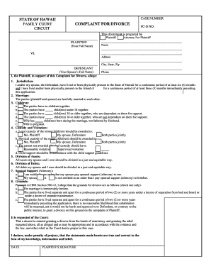 Hawaii Family Court Complaint for Divorce