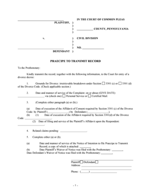 Praecipe to Transmit Record for Divorce