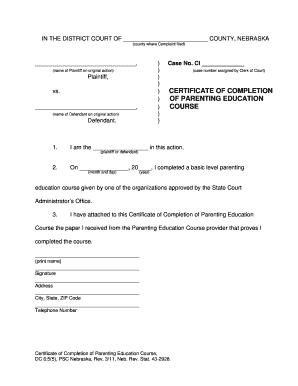 Certificate of Completion of Parenting Education