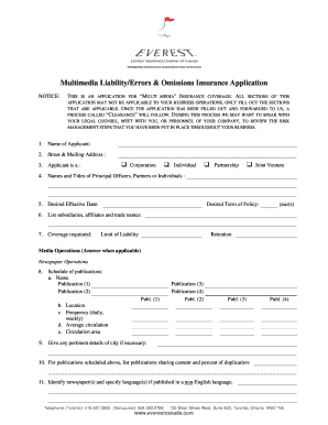 Multimedia Liability/Errors & Omissions Insurance Application