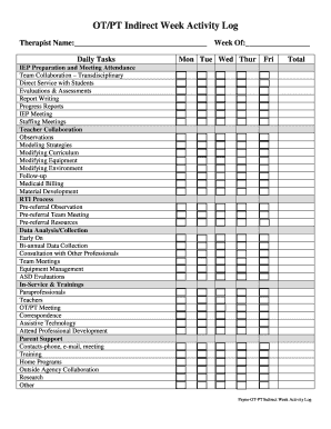 OT/PT Indirect Week Activity Log