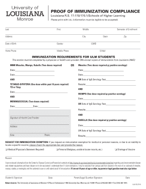 Louisiana Immunization Compliance Form