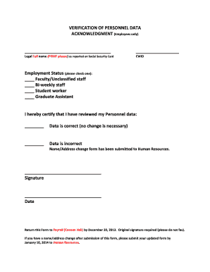 Verification of Personnel Data Acknowledgment