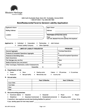 Bars/Restaurants/Taverns General Liability Application