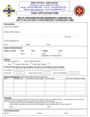 Irish Football Association Ticket Application Form