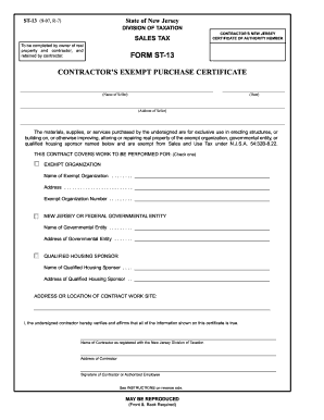 New Jersey Contractor's Exempt Purchase Certificate