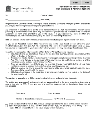 Non-Brokered Private Placement Risk Disclosure
