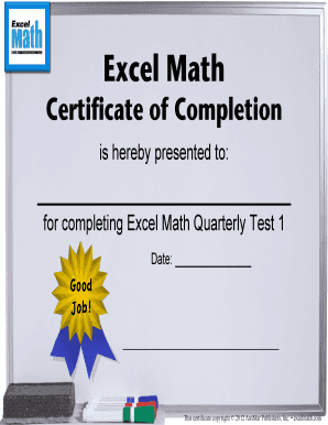 Excel Math Certificate of Completion