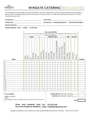 Wingate Catering Box Lunch Order Form