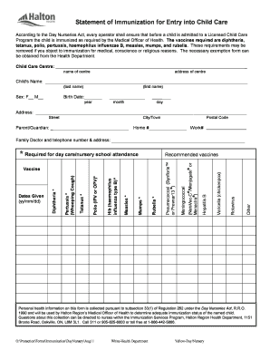 Statement of Immunization for Child Care Entry